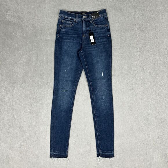 Express Jeans Womens Size 2 Skinny Mid Rise Blue Denim Distressed Raw Hem NWT - Picture 1 of 13